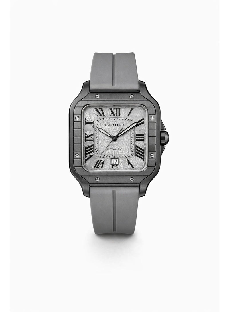 كارتييه ساعة يد رجالي فاخرة بتصميم مربع – سوار سيليكون رمادي مع قرص فضي وأرقام رومانية - Image 1